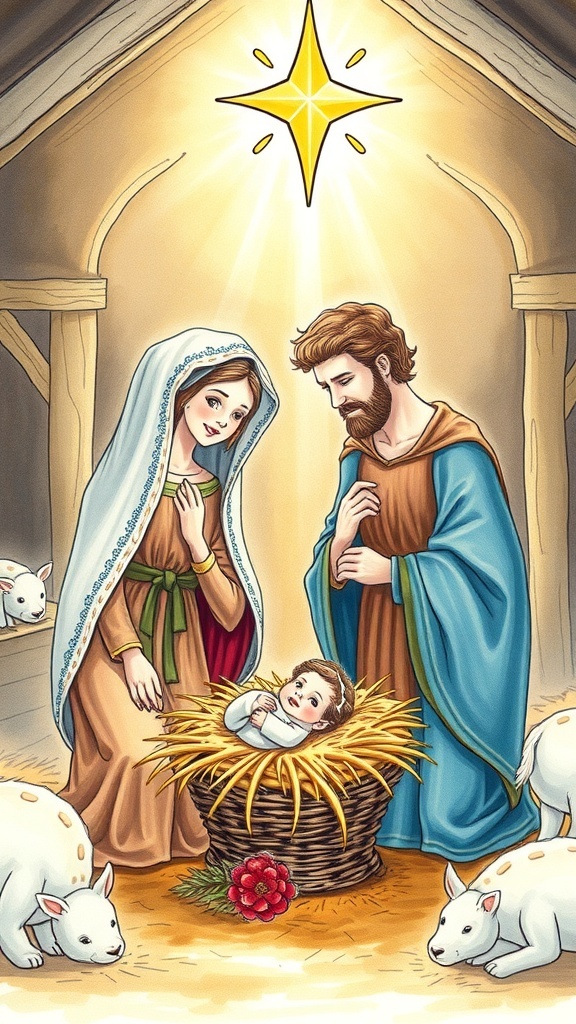 A nativity scene drawing with Mary, Joseph, and baby Jesus in a manger, surrounded by animals and a shining star.